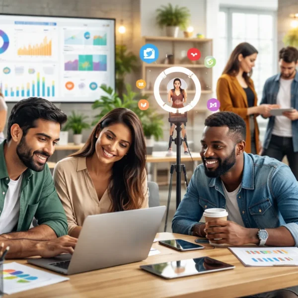 Realistic view of a digital marketing agency in Noida with professionals working on performance marketing, social media, and influencer campaigns