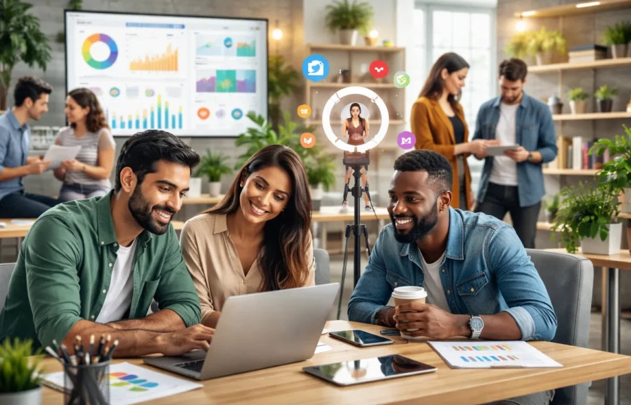 Realistic view of a digital marketing agency in Noida with professionals working on performance marketing, social media, and influencer campaigns